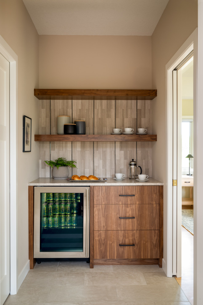 Photo of a mid-sized contemporary single-wall home bar in Minneapolis with flat-panel cabinets, medium wood cabinets, granite benchtops, grey splashback, timber splashback, ceramic floors, white floor and grey benchtop.