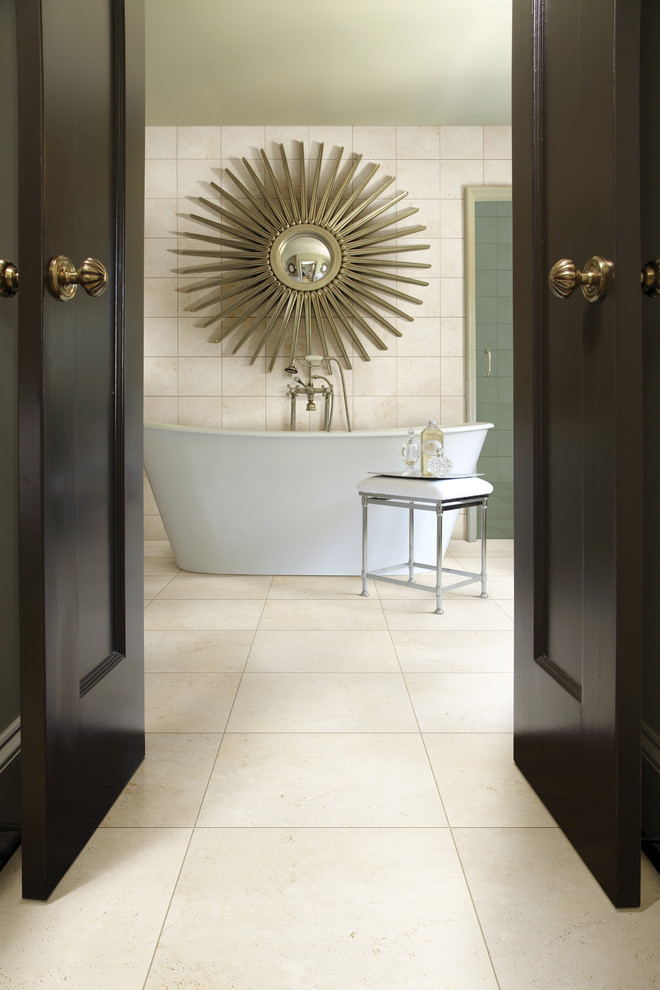 Inspiration for a mid-sized transitional white tile and stone tile freestanding bathtub remodel in Austin