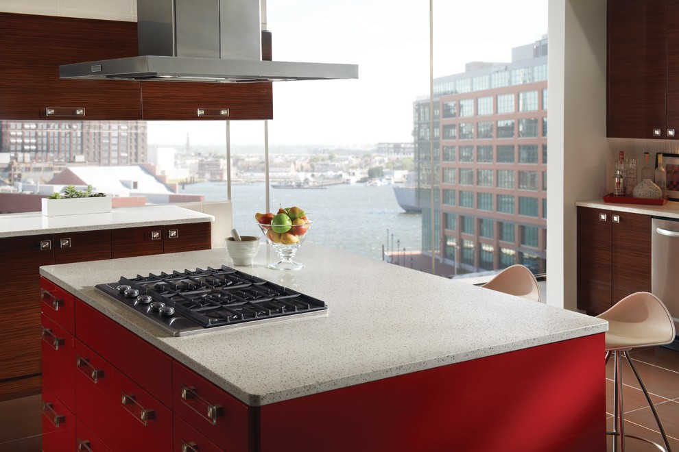 Modern eat-in kitchen in New York with red cabinets, recycled glass benchtops and stainless steel appliances.