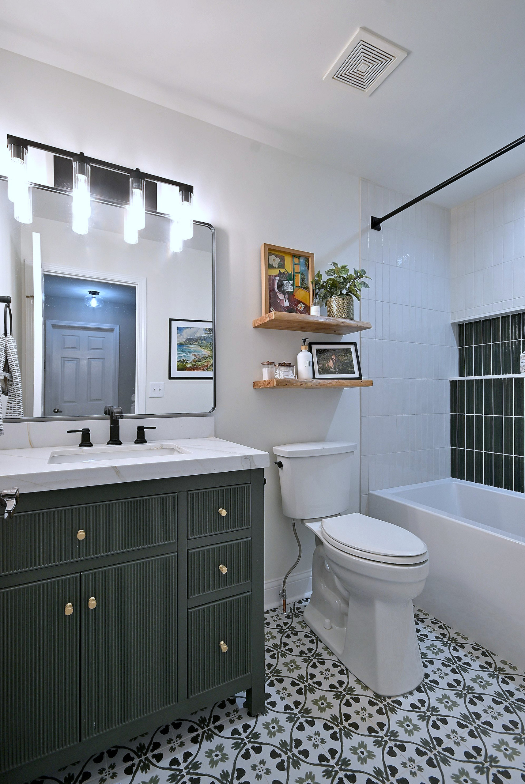 Transitional Bathroom Remodel With Green Cabinetry