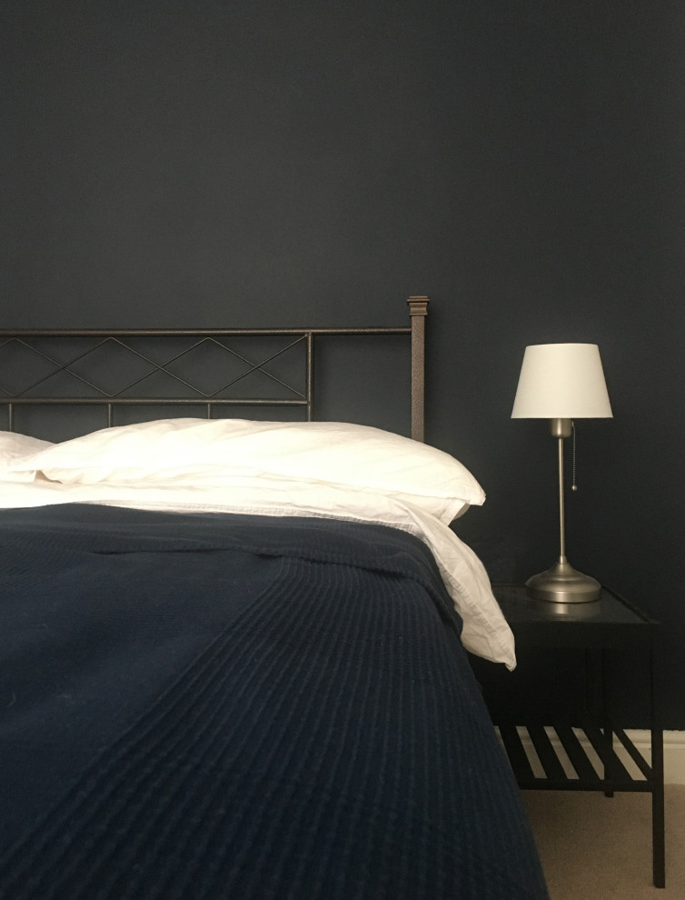 На фото: маленькая хозяйская спальня в классическом стиле с синими стенами, ковровым покрытием и бежевым полом для на участке и в саду с