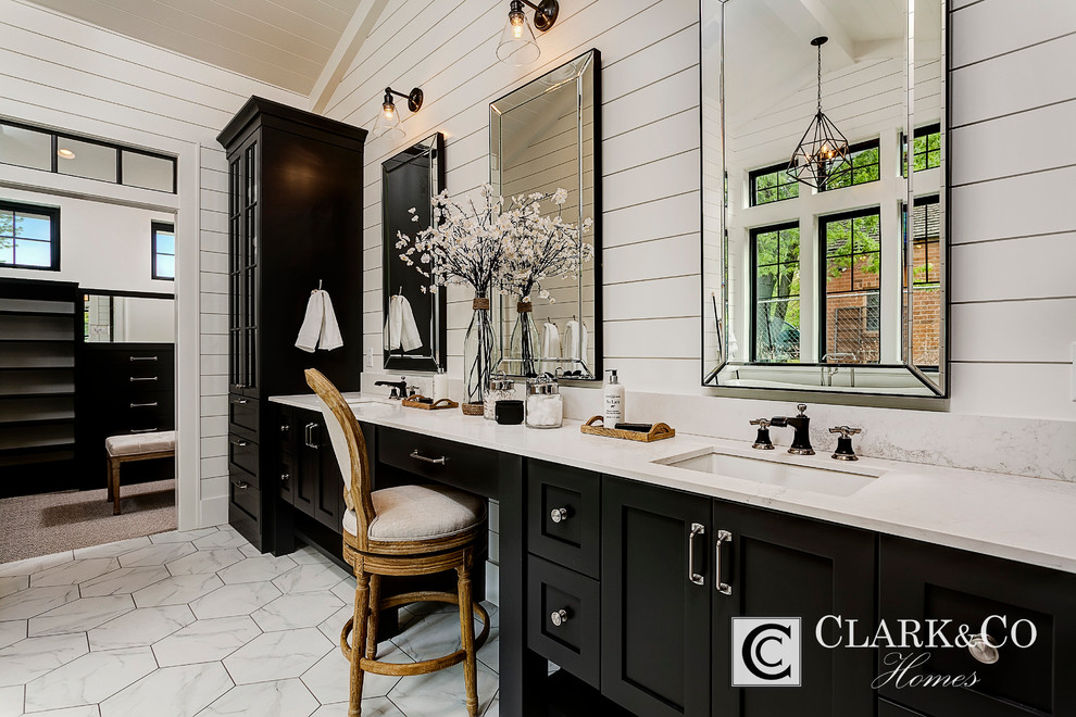 Inspiration for an expansive country master bathroom in Boise with shaker cabinets, black cabinets, a freestanding tub, an alcove shower, white tile, stone tile, white walls, marble floors, an undermount sink and engineered quartz benchtops.
