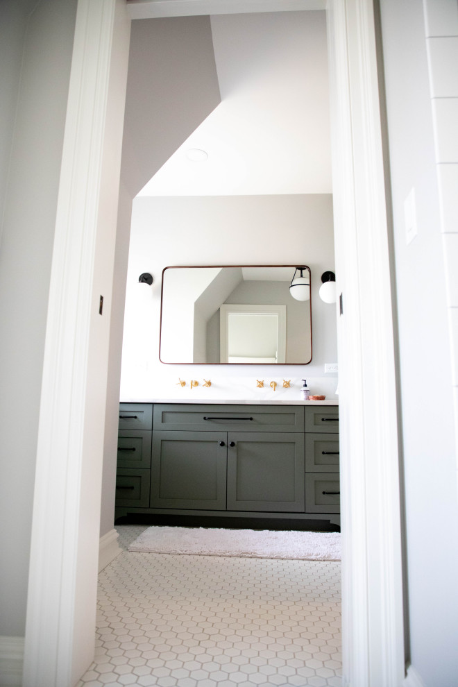 Mid-sized modern kids bathroom in Other with shaker cabinets, green cabinets, an alcove tub, a shower/bathtub combo, a one-piece toilet, white tile, subway tile, grey walls, ceramic floors, white floor, a shower curtain and white benchtops.