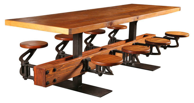 Swing Out Seat Table With Eight Cast Iron Attached Seats And Oak Wood Top