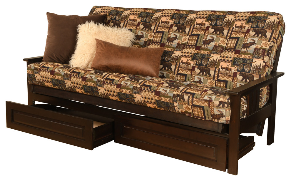 Caleb Frame Futon With Espresso Finish, Storage Drawers Rustic