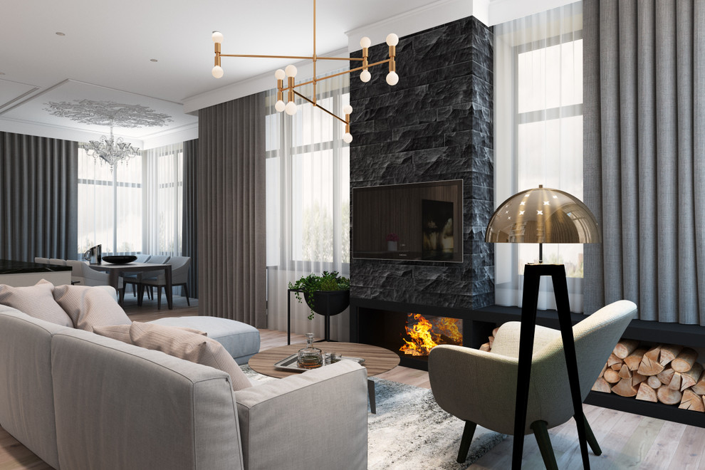 Гостиная с кухней в загородном доме