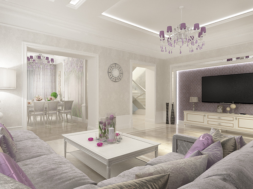 Кухня и гостиная в светлых тонах с сиреневыми акцентами