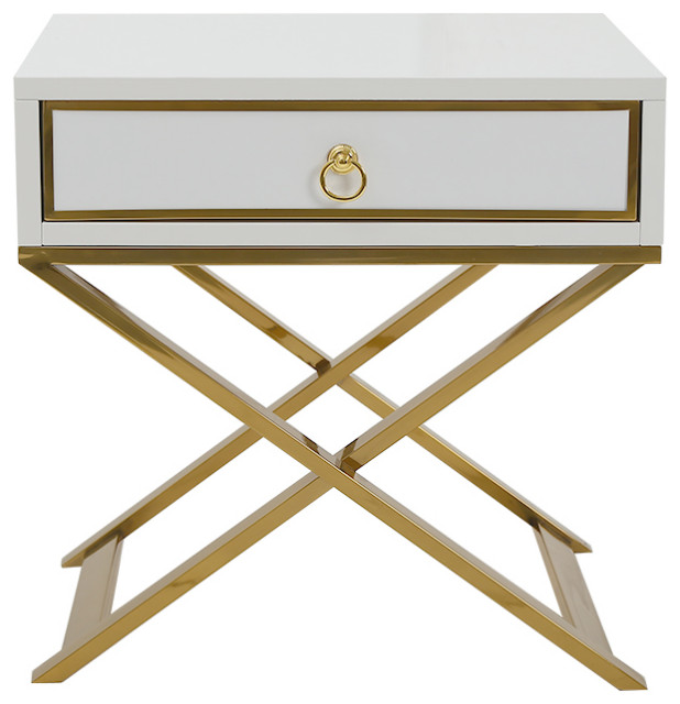 White Bedside Table Gold Storage Nightstand with Drawer Stainless Steel