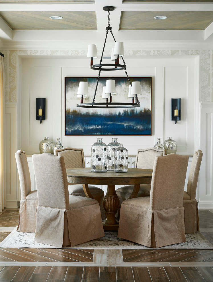 Kitchen/dining room combo - mid-sized mediterranean medium tone wood floor kitchen/dining room combo idea in Orlando with white walls and no fireplace