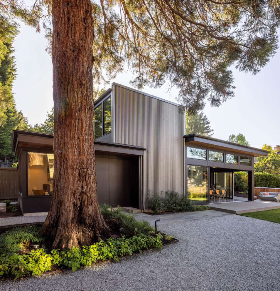 Пример оригинального дизайна: дом в стиле модернизм с облицовкой из металла и плоской крышей