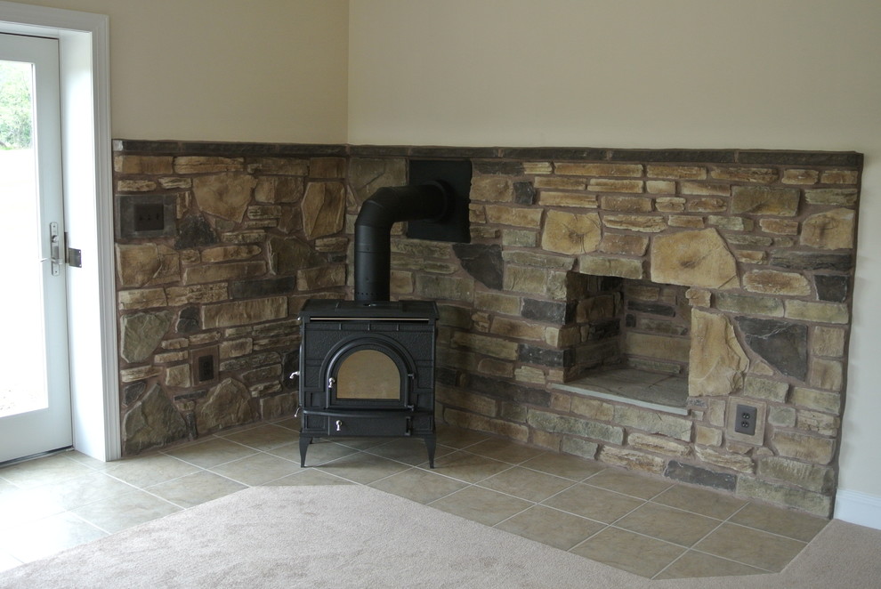 This is an example of a traditional basement in DC Metro with a wood stove.