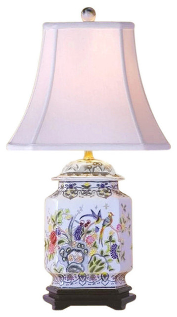 Chinese Porcelain Famille Bird Motif Hexagonal Ginger Jar Table Lamp 25"