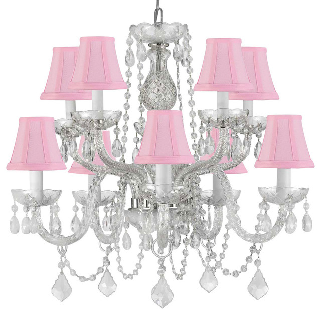Crystal Chandelier With Pink Shades H 25xw 24 Eclectic