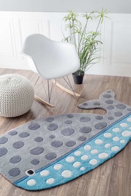 Handmade Whale Animal Shaped Kids Nursery Rug Gray Blue 3 X5 7
