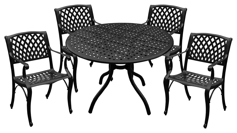 5 Pieces Outdoor Dining Set, 4 Chairs and Ornate Round Table With