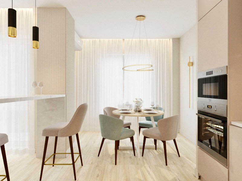 "Нотки Ментола" в кухни-гостиной для молодой пары в ЖК Лесопарковый