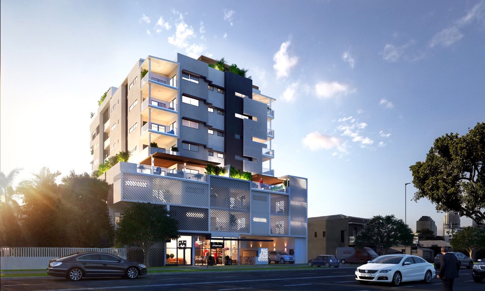 Design ideas for a large contemporary three-storey apartment exterior in Brisbane with mixed siding and a flat roof.