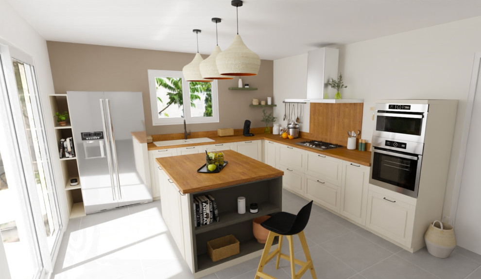 Design ideas for a country l-shaped eat-in kitchen in Nice with a double-bowl sink, beige cabinets, wood benchtops, brown splashback, timber splashback, stainless steel appliances, with island, grey floor and brown benchtop.