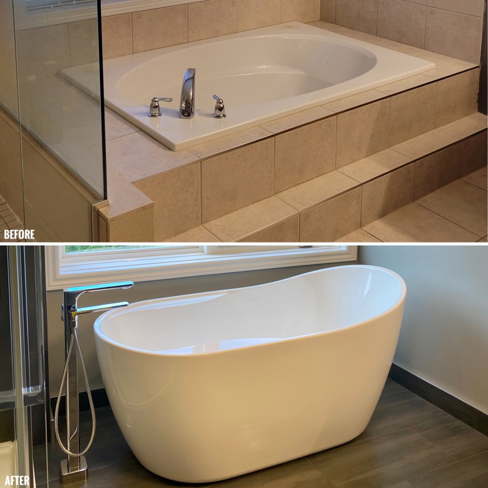 Example of a huge transitional master porcelain tile porcelain tile, gray floor and single-sink freestanding bathtub design with recessed-panel cabinets, a one-piece toilet, an undermount sink, quartzite countertops, white countertops and a built-in vanity