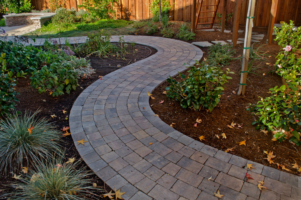 This is an example of a mid-sized traditional backyard full sun xeriscape in San Francisco with a garden path and brick pavers.