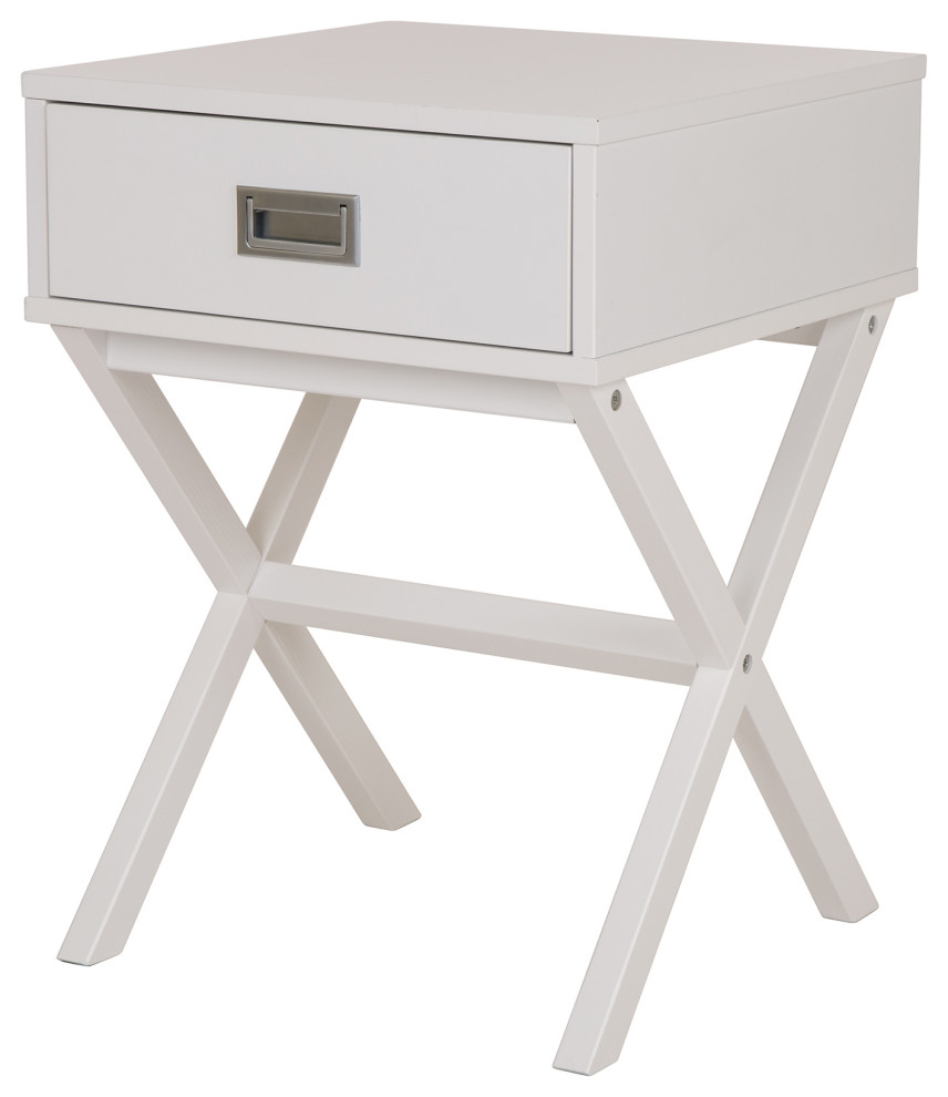 White Wooden XLeg End Table With 1Drawer Transitional Side Tables
