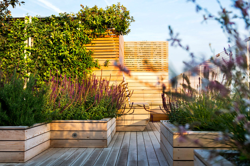 Photo of a large contemporary rooftop and rooftop deck in London.