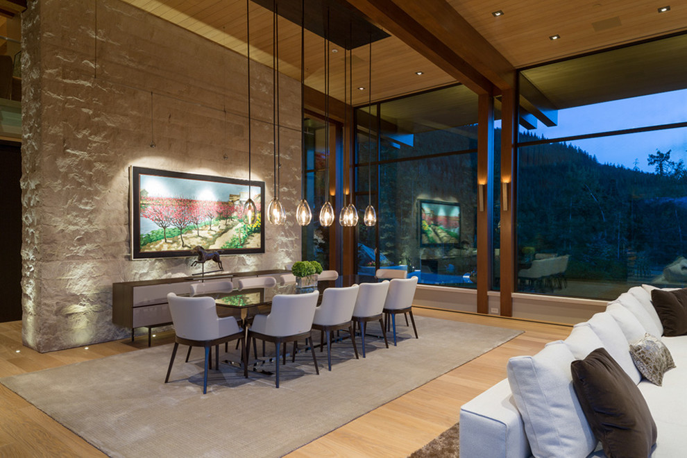 Expansive contemporary open plan dining in Vancouver with beige walls, light hardwood floors, a standard fireplace and a stone fireplace surround.