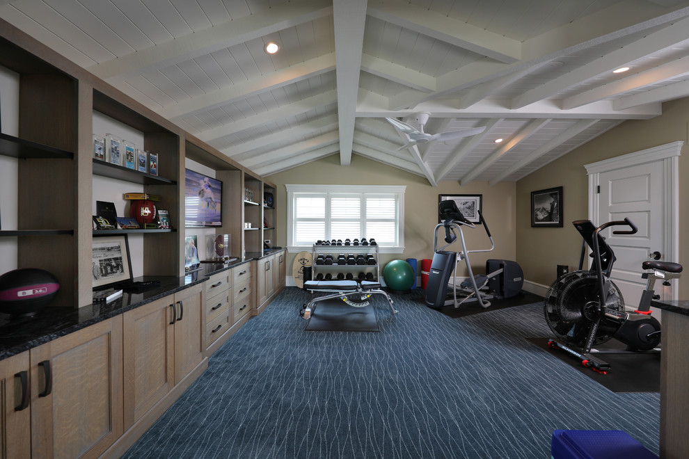Design ideas for a large beach style multipurpose gym in Other with beige walls, carpet and blue floor.