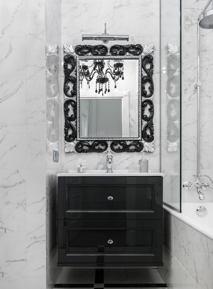 Transitional master bathroom in Moscow with recessed-panel cabinets, black cabinets, a shower/bathtub combo, white tile and an integrated sink.