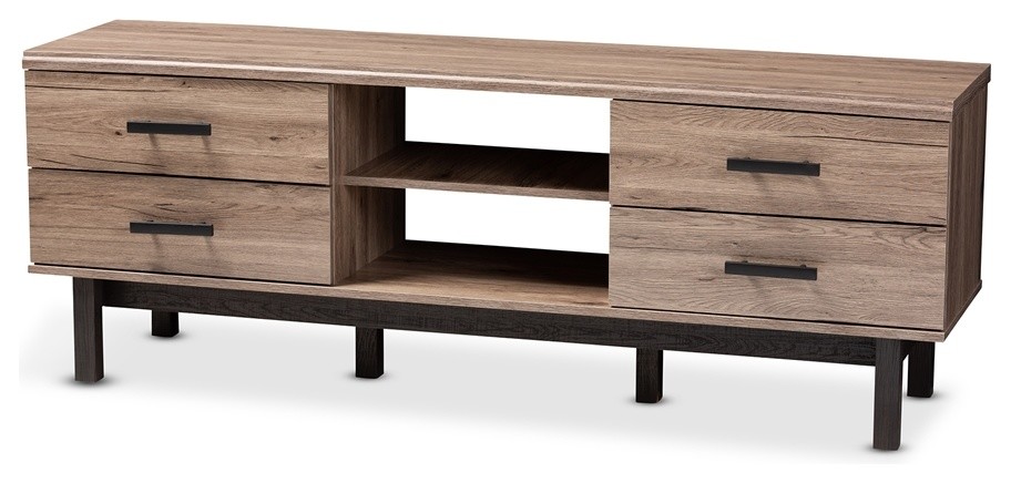 Modern and Contemporary 2-Tone Oak And Ebony Wood 4-Drawer TV stand