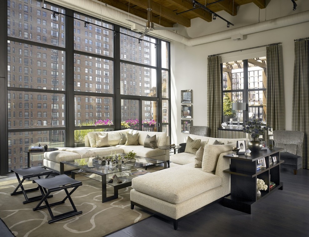 Design ideas for an expansive industrial living room in Chicago with white walls.