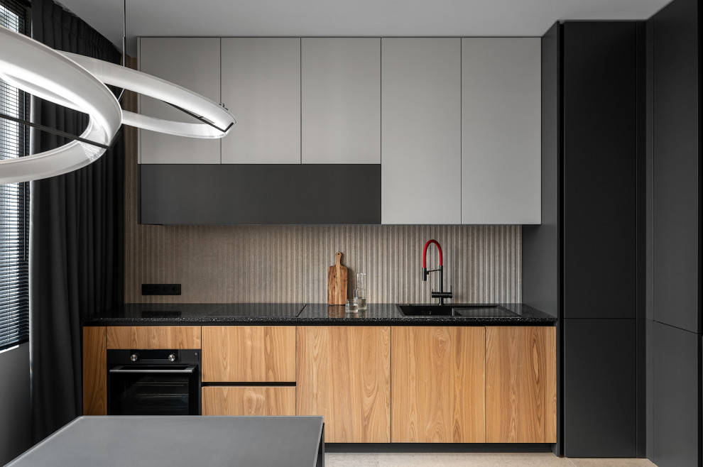 Medium sized contemporary grey and white single-wall kitchen/diner in Moscow with a submerged sink, flat-panel cabinets, medium wood cabinets, engineered stone countertops, grey splashback, ceramic splashback, black appliances, porcelain flooring, no island, beige floors and black worktops.