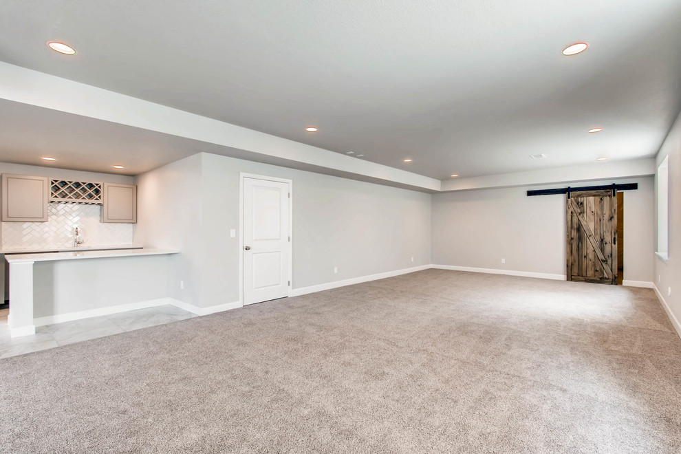 Large underground carpeted and gray floor basement photo in Denver with gray walls and no fireplace