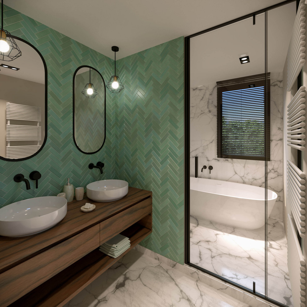 This is an example of a mid-sized mediterranean master wet room bathroom in Nice with a drop-in tub, a wall-mount toilet, multi-coloured tile, ceramic tile, green walls, ceramic floors, a drop-in sink, wood benchtops, white floor, an open shower, brown benchtops, a niche and a double vanity.