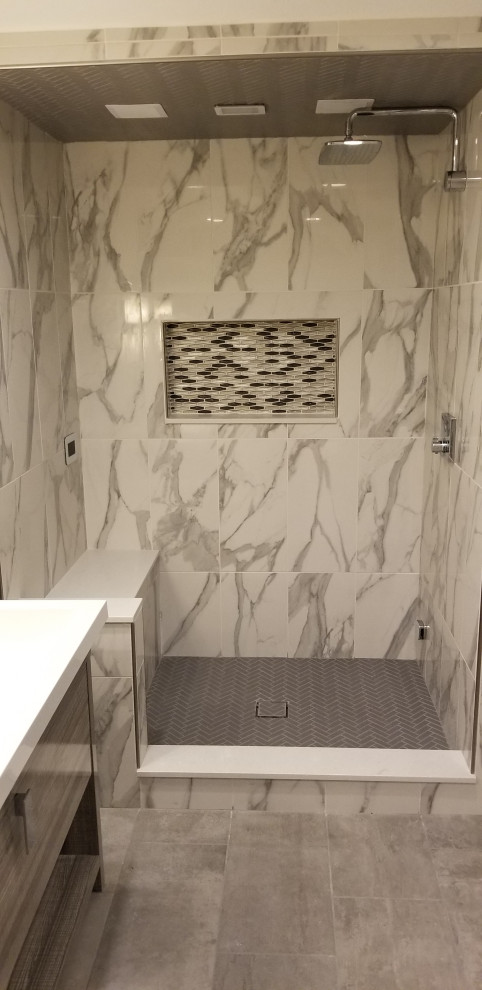Design ideas for a small bathroom in Indianapolis with furniture-like cabinets, grey cabinets, an open shower, black and white tile, marble, cement tiles, with a sauna, engineered quartz benchtops, grey floor and white benchtops.
