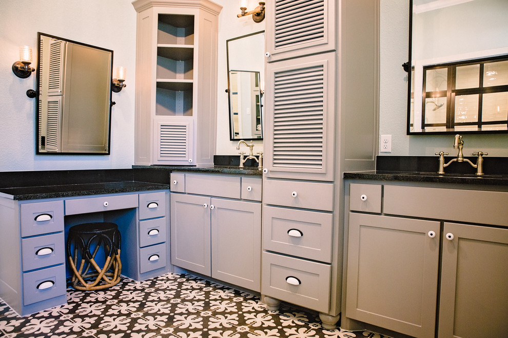 Large traditional master bathroom in Dallas with shaker cabinets, grey cabinets, white walls, cement tiles, an undermount sink, engineered quartz benchtops and multi-coloured floor.