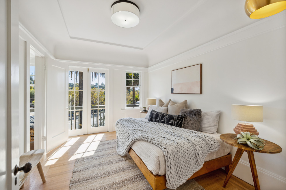 Foto di una piccola camera degli ospiti classica con pareti bianche, parquet chiaro, pavimento beige e soffitto a cassettoni