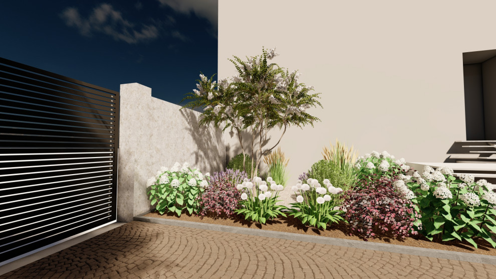 Immagine di un grande giardino formale minimalista esposto a mezz'ombra davanti casa in estate con gazebo, pavimentazioni in pietra naturale e recinzione in pietra