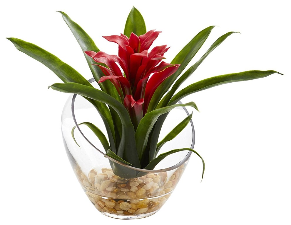 8" Tropical Bromeliad, Angled Vase Artificial Arrangement, Red