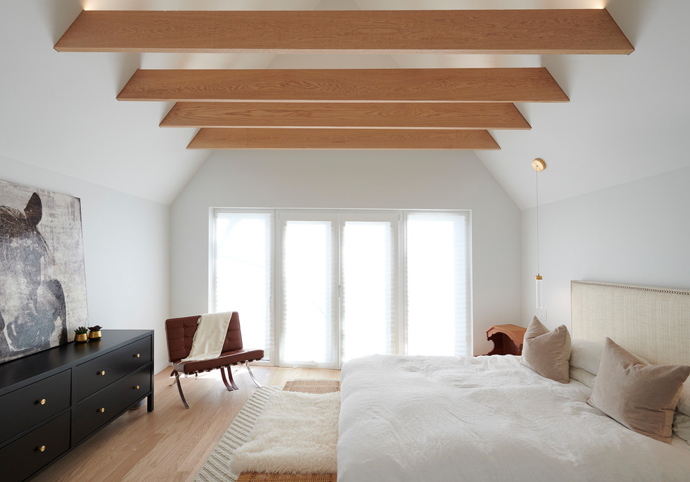 Inspiration for a mid-sized contemporary master bedroom in Toronto with white walls, light hardwood floors and beige floor.