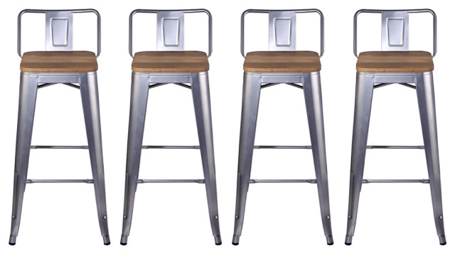 Metal Silver Bar Stools With Lowback Light Wooden Seat, Set of 4 ...