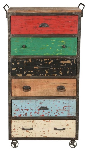 Primary Colors Mango Wood Rolling 6 Drawer Industrial Chest