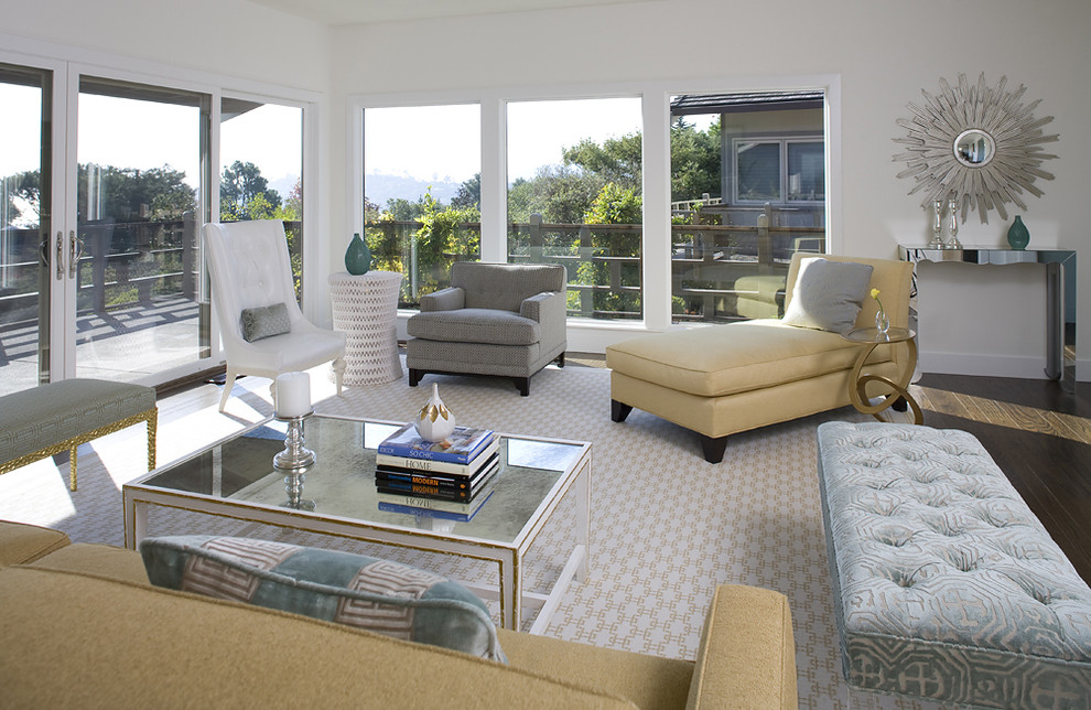 Large transitional living room in San Francisco with white walls.