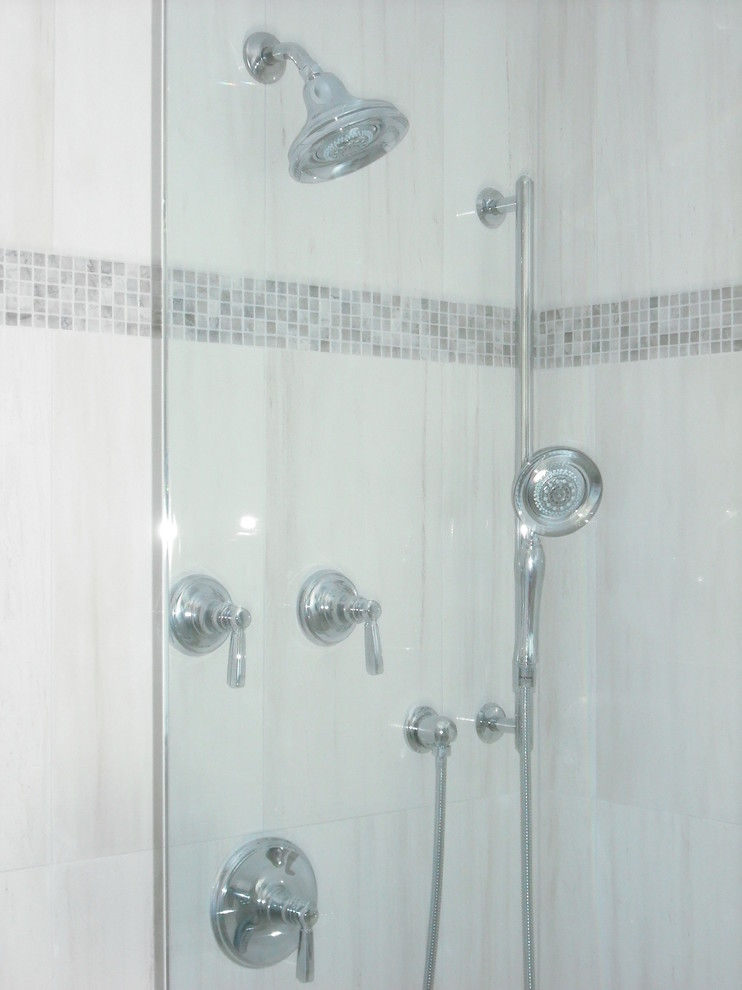 Inspiration for a large transitional master black and white tile and porcelain tile ceramic tile freestanding bathtub remodel in Baltimore with shaker cabinets, dark wood cabinets, a one-piece toilet, gray walls, a vessel sink and granite countertops