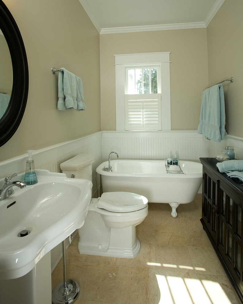 Small arts and crafts 3/4 bathroom in Raleigh with recessed-panel cabinets, dark wood cabinets, an alcove tub, an alcove shower, a two-piece toilet, beige tile, porcelain tile, beige walls, porcelain floors, a drop-in sink and granite benchtops.