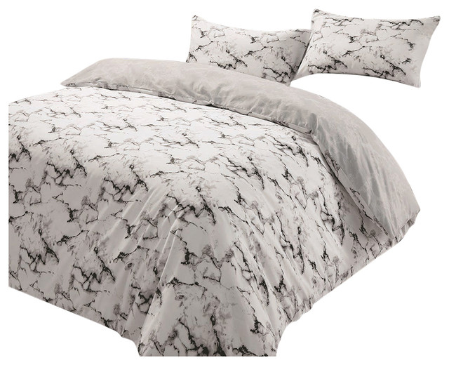 Marble Edge Duvet Cover With Pillowcase Reversible Bedding Set, Grey, King