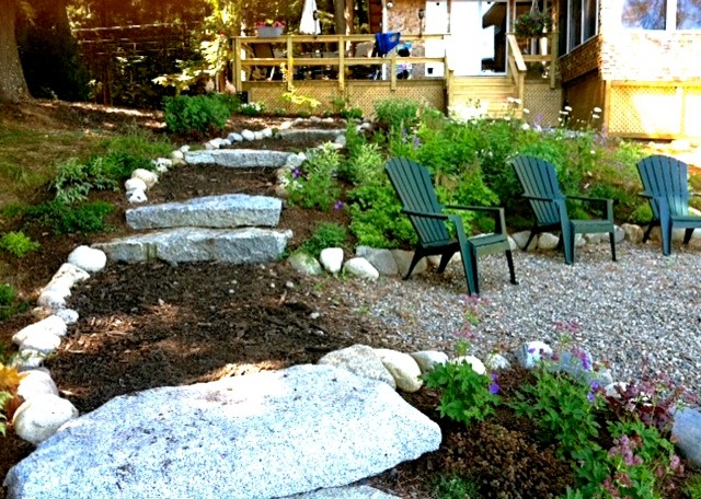 Inspiration for a small contemporary sloped full sun garden in Portland Maine with a water feature and natural stone pavers.