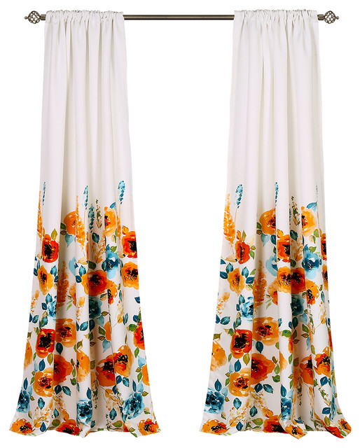 Percy Bloom Room Darkening Window Curtain Set Tangerine Blue 52