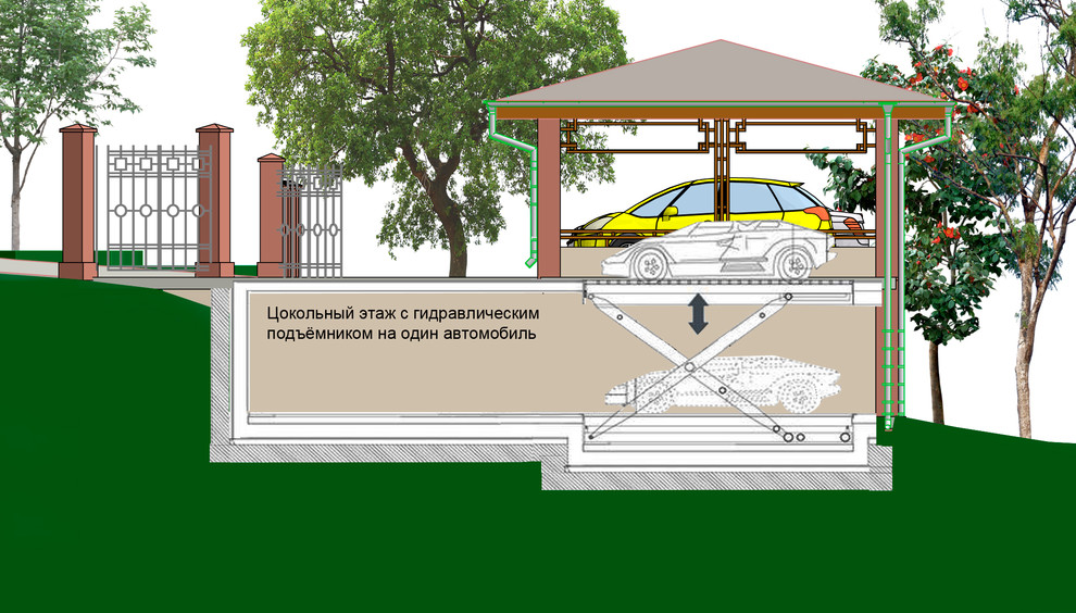 Навес для трёх авто на рельефе с цокольным этажом в Велегож- парк 2 Тульской обл