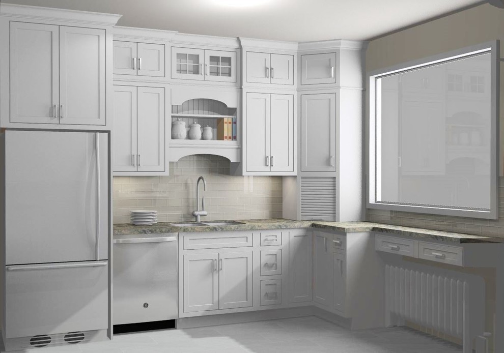 Inspiration for a small transitional u-shaped eat-in kitchen in Minneapolis with an undermount sink, shaker cabinets, white cabinets, granite benchtops, beige splashback, glass tile splashback, stainless steel appliances and no island.